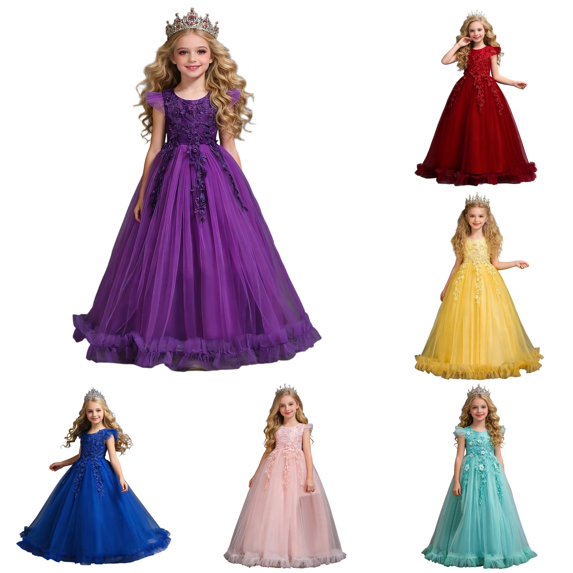 Playtopia Big Girls Floral Lace Applique Long Tulle Ball Gown Sleeveless Formal Piano Recital Pageant Dress Multi Color Polyester Summer Kids Outfit 1PC S-XXL Plus Size Friendly