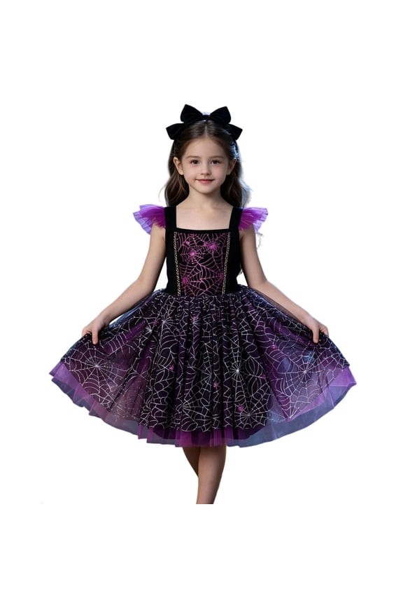 Big Girls Flutter Cap Sleeve Spider Web Print Tulle Tutu Dress Dark Purple Polyester Halloween Theme Party 1PC S-XXL Plus Size Friendly