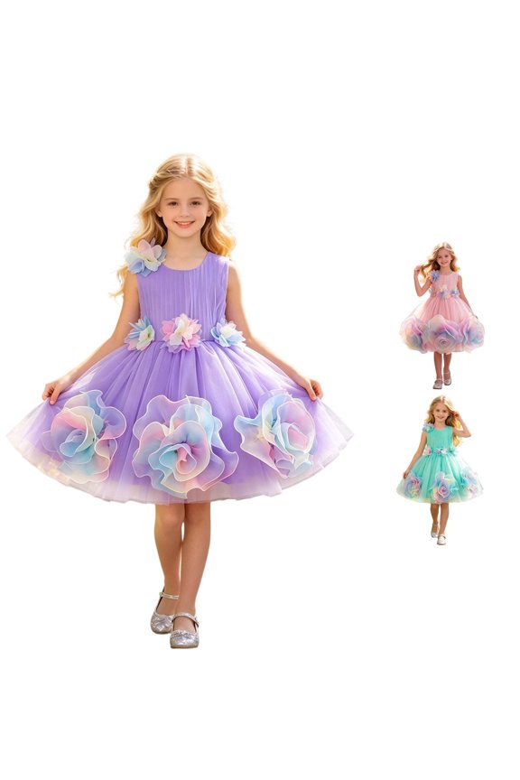 Big‑Girls Sleeveless 3D Floral Tulle A‑Line Party Dress Layered Polyester Princess Gown Size80‑130