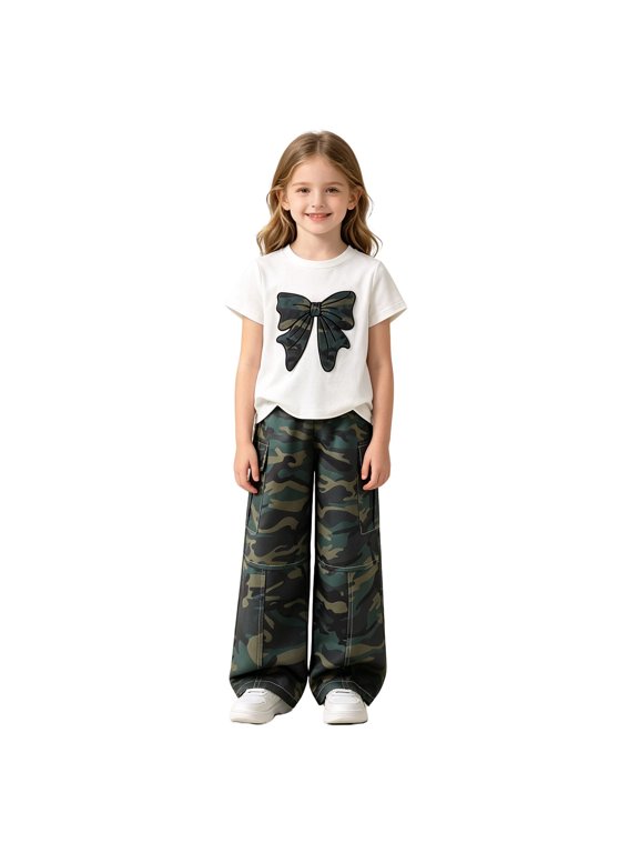 Big‑Kids 2‑Piece Summer Outfit Camo‑Bow Printed Short‑Sleeve Tee And Camo Wide‑Leg Cargo Pants Set Size 3Y‑7Y