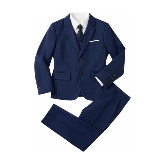 Playtopia Big‑Kids Boys Outfits 6‑Piece Formal Suit Set, Polyester Youth Boys Dress Outfit with Jacket, Sleeveless Top, Pants, Shirt, Tie and Bow‑Tie, 90‑170, Black and Blue for Party