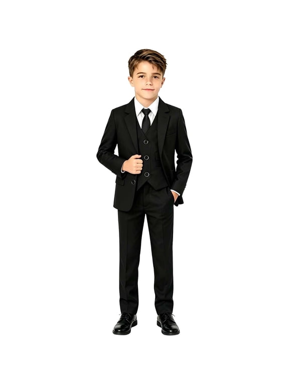 Big‑Kids Boys Outfits Polyester 5‑Piece Formal Suit Set, Youth Boys Jacket Sleeveless Top Shirt Tie Pants Complete Dress Suit For Special Events, Size A‑H