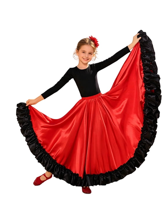 Big Kids Elastic High Waist Black Ruffle Hem 180 Degree Full Swing Satin Flamenco Bullfighter Dance Skirt Separate Performance Bottom 1PC S-XXL Plus Size Friendly