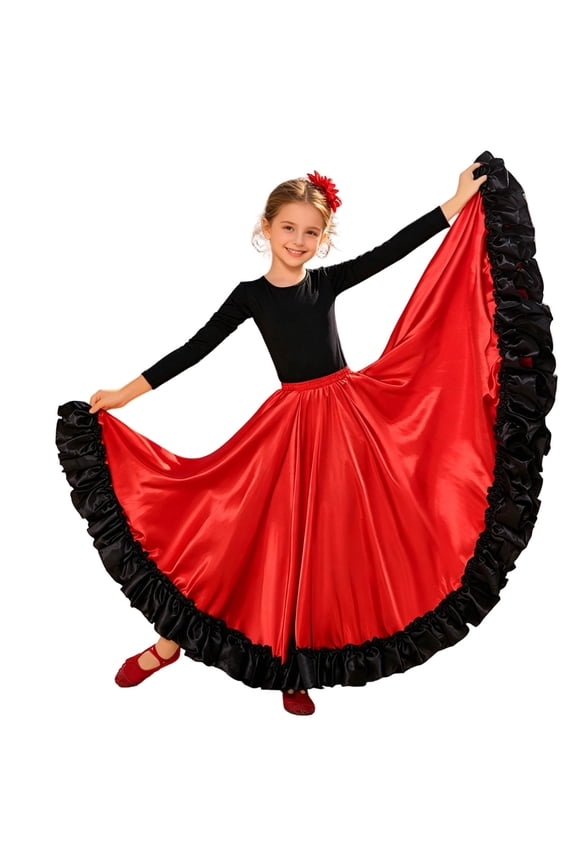 Big Kids Elastic High Waist Black Ruffle Hem 180 Degree Full Swing Satin Flamenco Bullfighter Dance Skirt Separate Performance Bottom 1PC S-XXL Plus Size Friendly