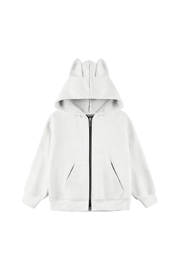 Big Kids Full Zip Bunny Ear Hooded Jacket Raglan Sleeve Dual Slant Pocket Solid White Polyester Casual Layering Sweatshirt Outerwear 1PC
