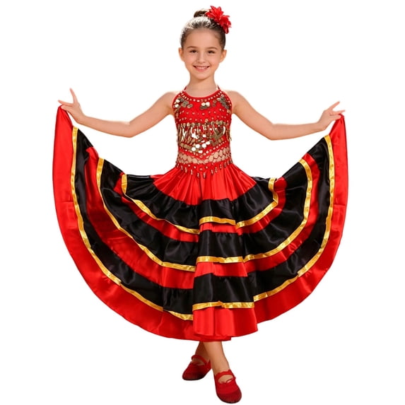 Playtopia Big Kids Halter Sleeveless Sequin Tassel 180 Degree Multi-Tier Satin Flamenco Bullfighter Stage Dance Dress 1PC S-XXL Plus Size Friendly