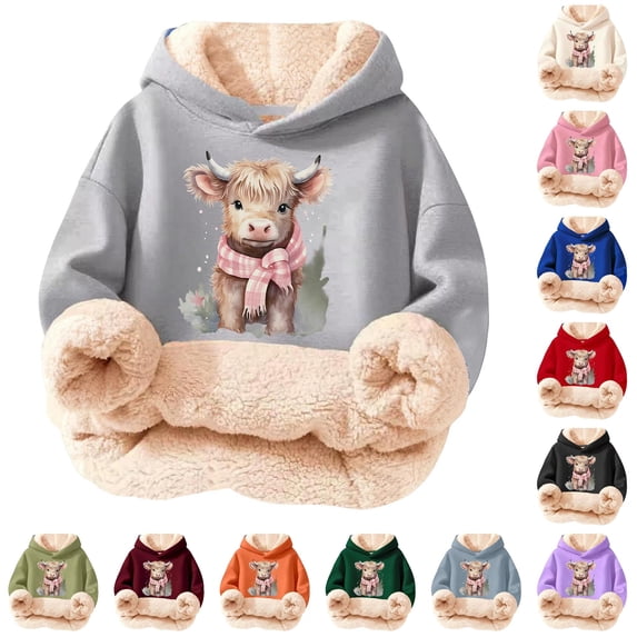 Playtopia Big Kids Sherpa Lined Pullover Hoodie Scarf Highland Cow Winter Animal Graphic Cotton Blend Warm Sweatshirt Multi Color 1PC