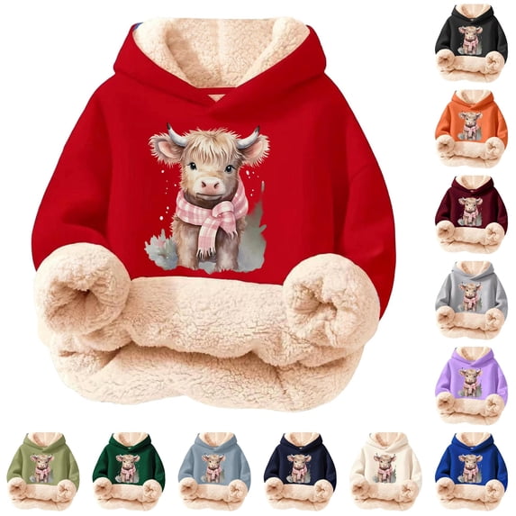 Playtopia Big Kids Sherpa Lined Pullover Hoodie Scarf Highland Cow Winter Animal Graphic Cotton Blend Warm Sweatshirt Multi Color 1PC