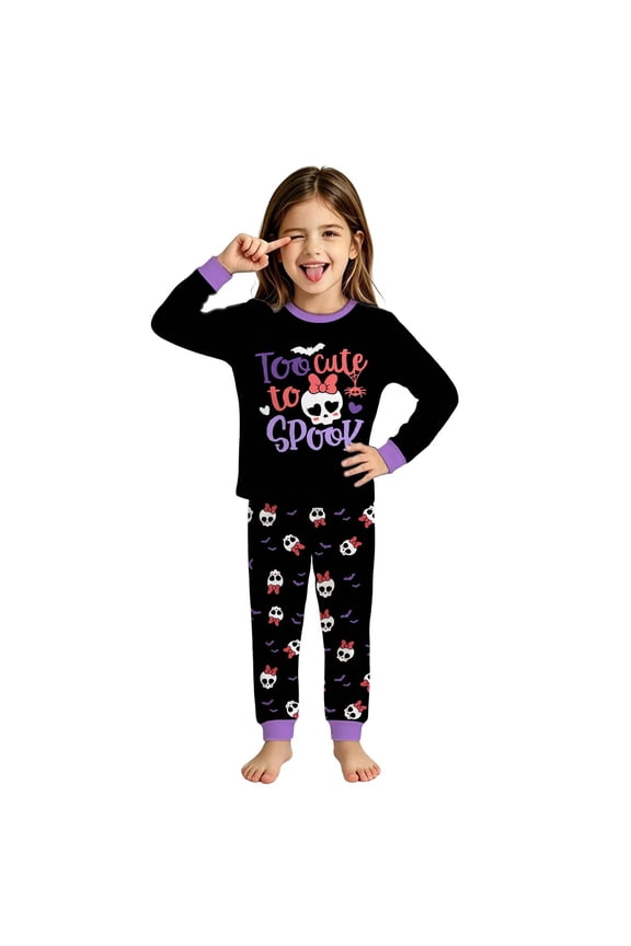 Big-Kids Too Cute To Spook Print Long Sleeve Pajama Set Crew Neck Top Cuffed Long Pants Two Piece Loungewear Outfit 1pc Size 2Y-9Y
