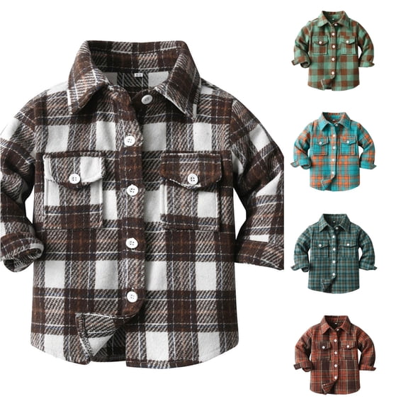 Playtopia Boys Jacket, Plaid Flannel Fall Jacket For Boys, Long‑Sleeve Button‑Up Boys Outerwear, Youth Boys Shirt Coat With Chest Pockets, 1 Piece, S‑XL