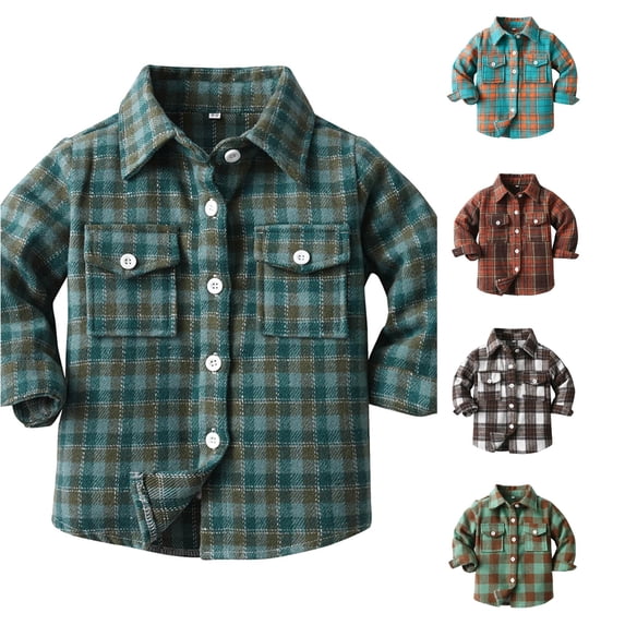 Playtopia Boys Jacket, Plaid Flannel Fall Jacket For Boys, Long‑Sleeve Button‑Up Boys Outerwear, Youth Boys Shirt Coat With Chest Pockets, 1 Piece, S‑XL