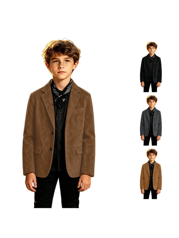 Boys Jacket Suede Notched Lapel Blazer Casual Single Breasted Outerwear Youth Boys Formal Daily Coat 1 Pack Sizes 120,130,140,150,160