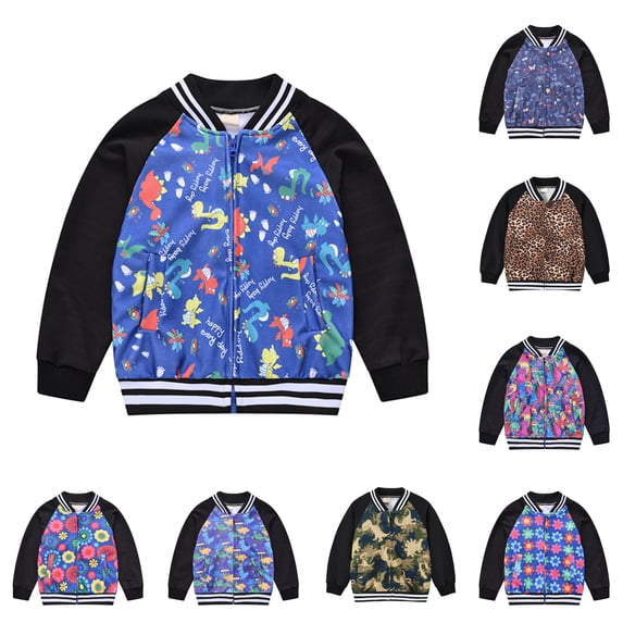 Playtopia Boys Jacket, Youth Boys Fall Jacket, Raglan Sleeve Printed Baseball Bomber Coat, Boys Outerwear Zip‑Up Varsity Jacket, 1 Piece, Sizes 110‑130