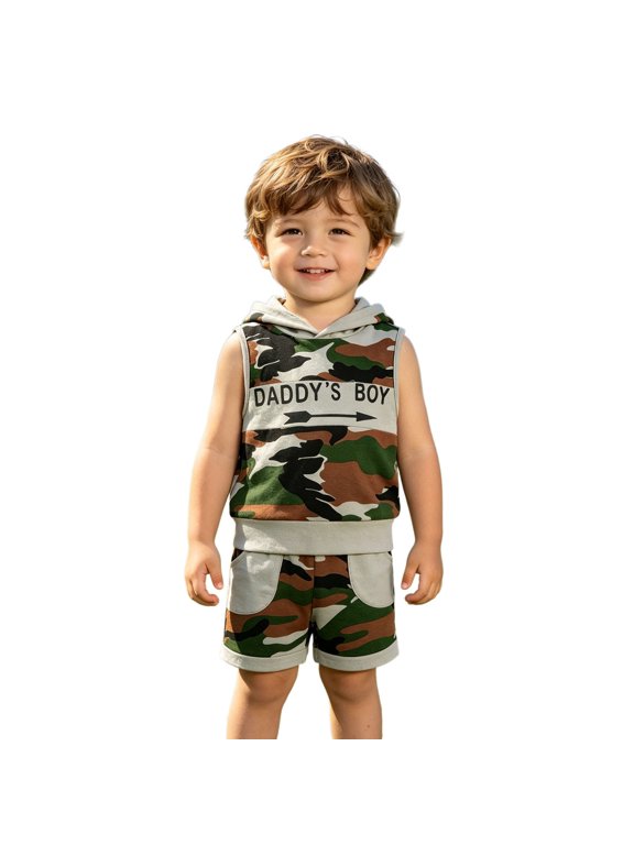 Boys Outfits Polyester Camouflage Sleeveless Hooded Top And Shorts 2‑Piece Casual Set, Youth Lightweight Daily Outdoor Apparel, Size 6M‑3Y