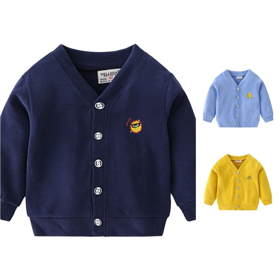 Playtopia Boys Sweater, Long‑Sleeve V‑Neck Knit Cardigan, Boys Fall Jacket With Cartoon Embroidery, Button‑Down Boys Outerwear, 1 Piece, Sizes 110‑130