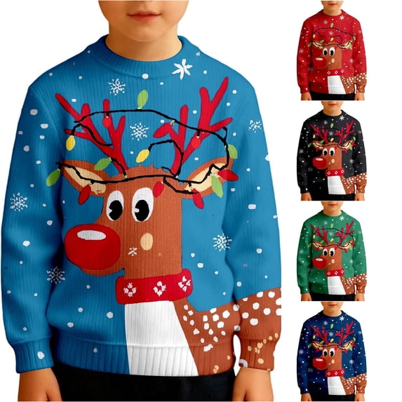 Playtopia Boys Sweatshirts, Crew‑Neck Reindeer Christmas‑Light Graphic Pullover, Fleece‑Lined Thermal Long‑Sleeve Polyester Top For Youth Big‑Kids,1pc,Sizes 110‑160
