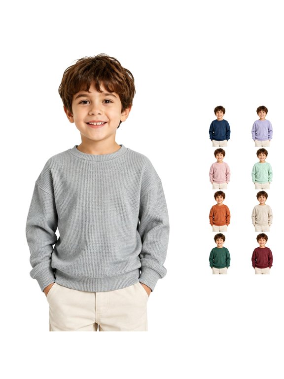 Boys Sweatshirts, Youth Waffle Knit Crew Neck Pullover Long‑Sleeve Casual Top, Solid‑Color Boys Crew Neck Sweatshirt,1pc,Sizes 110 120 130 140 150 160