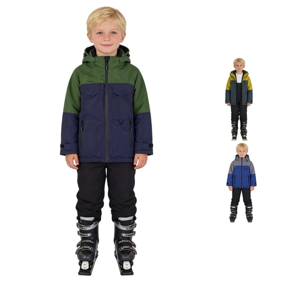 Playtopia Boys Winter Coat, Big‑Kids 2‑Piece Windproof Ski Jacket & Snow Pants Outdoor Fleece‑Lined Tracksuit Outfit, Nylon Fabric, Yellow,Green,Blue, Size 104‑134
