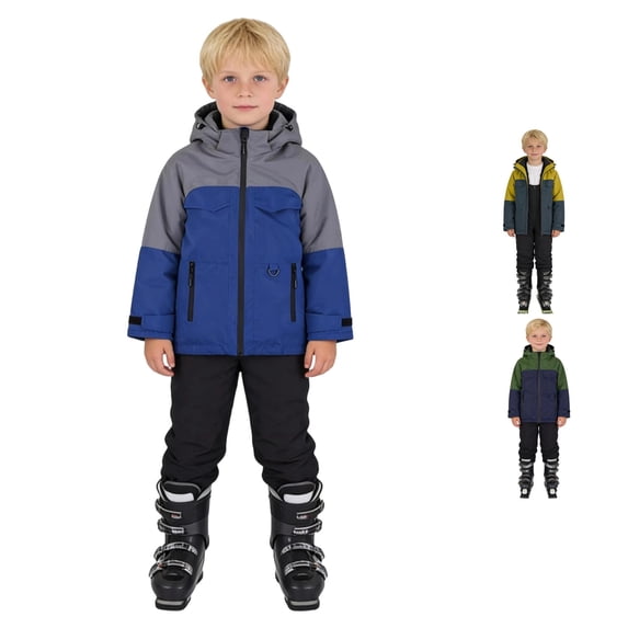 Playtopia Boys Winter Coat, Big‑Kids 2‑Piece Windproof Ski Jacket & Snow Pants Outdoor Fleece‑Lined Tracksuit Outfit, Nylon Fabric, Yellow,Green,Blue, Size 104‑134