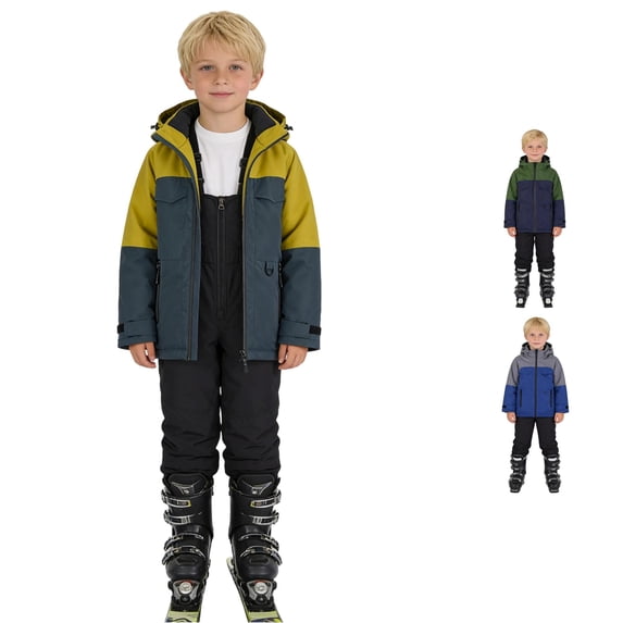 Playtopia Boys Winter Coat, Big‑Kids 2‑Piece Windproof Ski Jacket & Snow Pants Outdoor Fleece‑Lined Tracksuit Outfit, Nylon Fabric, Yellow,Green,Blue, Size 104‑134