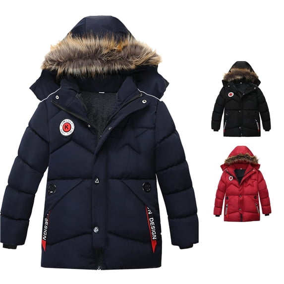 Playtopia Boys Winter Coat, Boys Jacket, Hooded Quilted Coat, Boys Outerwear, Boys Fall Jacket, Badge Graphic Parka, 1 Piece, Sizes 100â120