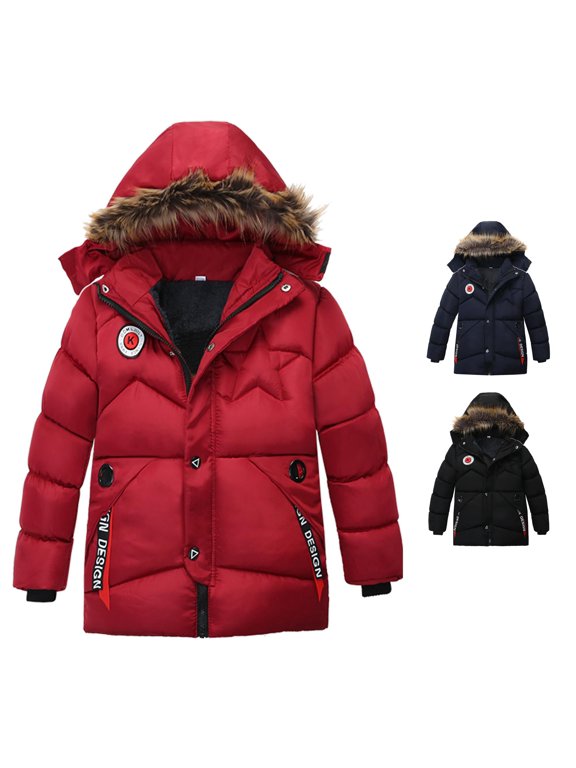 Boys Winter Coat, Boys Jacket, Hooded Quilted Coat, Boys Outerwear, Boys Fall Jacket, Badge Graphic Parka, 1 Piece, Sizes 100â120