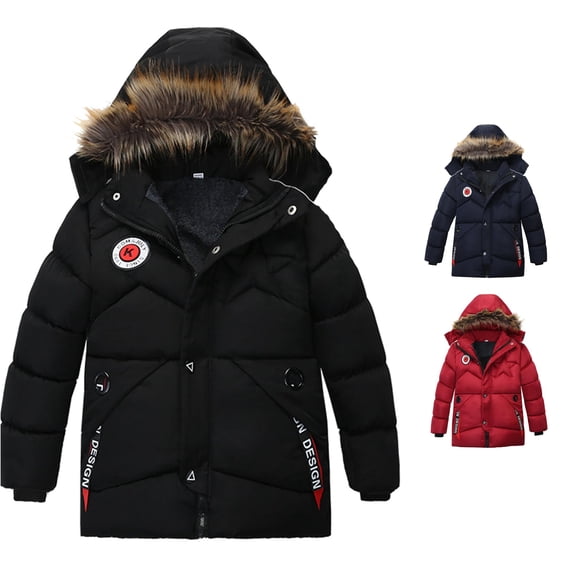 Playtopia Boys Winter Coat, Boys Jacket, Hooded Quilted Coat, Boys Outerwear, Boys Fall Jacket, Badge Graphic Parka, 1 Piece, Sizes 100â120