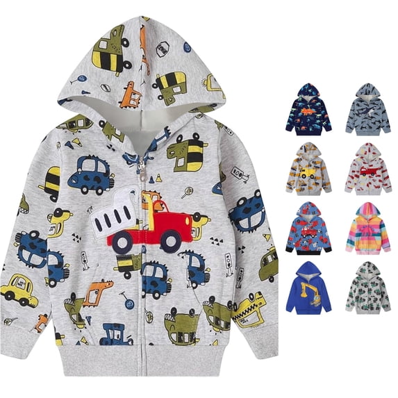 Playtopia Boys Zip Up Hoodie, Construction Vehicle Graphic Full‑Zip Long Sleeve Sweatshirt Jacket For Youth Big‑Kids Boys Girls, Multiple Prints & Colors Available, 1pc, Sizes 110‑160