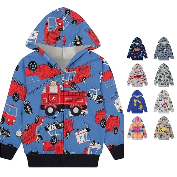Playtopia Boys Zip Up Hoodie, Construction Vehicle Graphic Full‑Zip Long Sleeve Sweatshirt Jacket For Youth Big‑Kids Boys Girls, Multiple Prints & Colors Available, 1pc, Sizes 110‑160