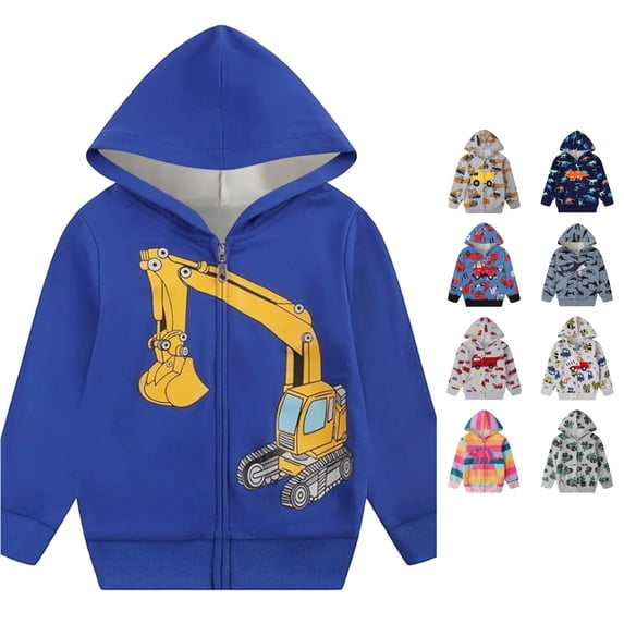 Playtopia Boys Zip Up Hoodie, Construction Vehicle Graphic Full‑Zip Long Sleeve Sweatshirt Jacket For Youth Big‑Kids Boys Girls, Multiple Prints & Colors Available, 1pc, Sizes 110‑160