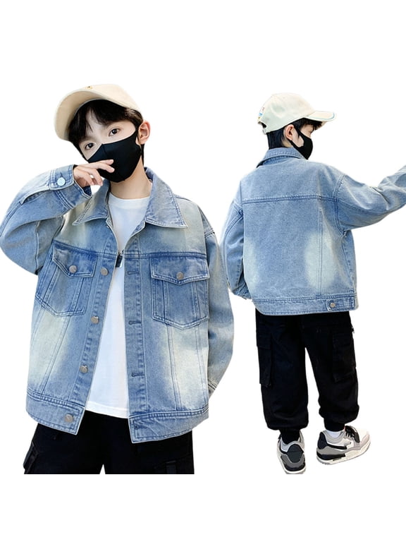 Jackets For Boys Youth Teen Denim Jacket Lapel Collar Button‑Front Boys Fall Jacket Washed Denim Outerwear 1 Piece Sizes 110 120 130 140 150 160 170