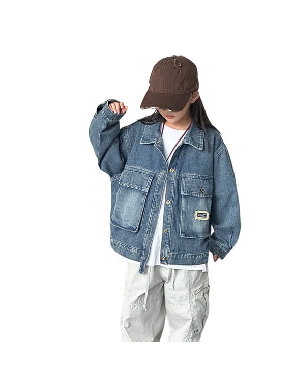 Jackets For Boys Youth Teen Denim Workwear Jacket Lapel Collar Button‑Front Boys Fall Jacket Utility Outerwear 1 Piece Sizes 120 130 140 150 160 170