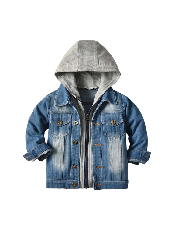 Jackets For Boys Denim Jacket Faux Two‑Piece Hooded Youth Boys Fall Jacket Denim Outerwear With Button Zipper Closure 1Pc Size 140