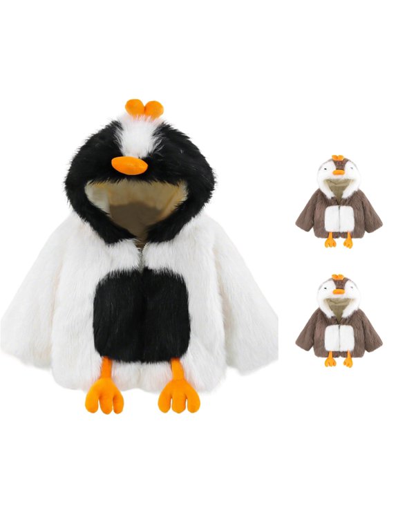 Jackets For Boys Youth Teen Penguin‑Hooded Fuzzy Faux Fur Jacket Zip‑Front Boys Winter Coat Warm Outerwear 1 Piece Sizes 110 120 130