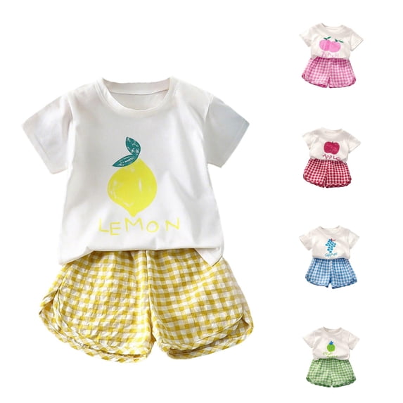 Playtopia Toddler Girls 2‑Piece Summer Set Fruit‑Print Short‑Sleeve Tee And Bubble Gingham Shorts Size 80‑130