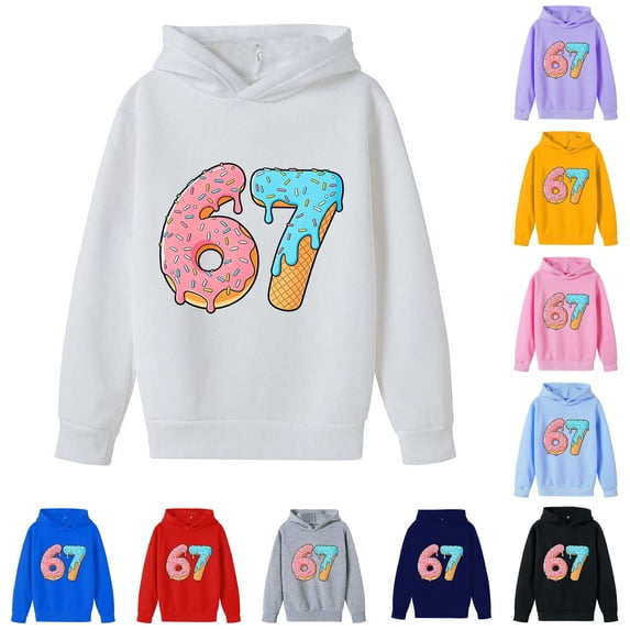 Playtopia Youth Donut Ice Cream Number 67 Graphic Hooded Pullover 350g Polyester Long Sleeve Kangaroo Pocket Casual Sweatshirt 1PC Big Kids Sizes 100-160