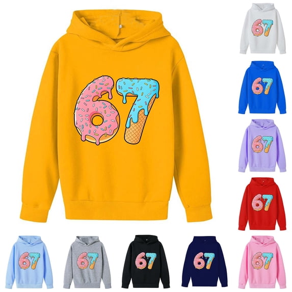 Playtopia Youth Donut Ice Cream Number 67 Graphic Hooded Pullover 350g Polyester Long Sleeve Kangaroo Pocket Casual Sweatshirt 1PC Big Kids Sizes 100-160