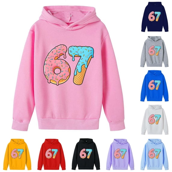 Playtopia Youth Donut Ice Cream Number 67 Graphic Hooded Pullover 350g Polyester Long Sleeve Kangaroo Pocket Casual Sweatshirt 1PC Big Kids Sizes 100-160
