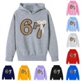 thumbnail image 1 of Playtopia Youth Glitter Number 67 Pearl Bow Hooded Pullover 350g Polyester Long Sleeve Kangaroo Pocket Casual Sweatshirt 1PC Big Kids Sizes 100-160, 1 of 4