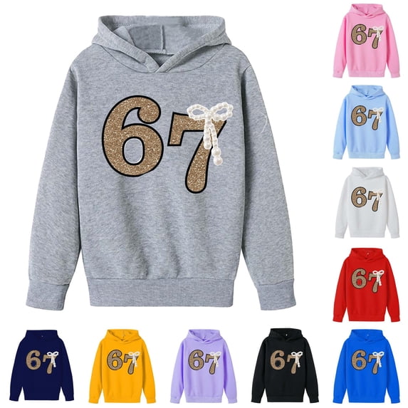 Playtopia Youth Glitter Number 67 Pearl Bow Hooded Pullover 350g Polyester Long Sleeve Kangaroo Pocket Casual Sweatshirt 1PC Big Kids Sizes 100-160