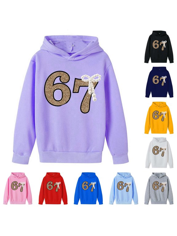 Youth Glitter Number 67 Pearl Bow Hooded Pullover 350g Polyester Long Sleeve Kangaroo Pocket Casual Sweatshirt 1PC Big Kids Sizes 100-160