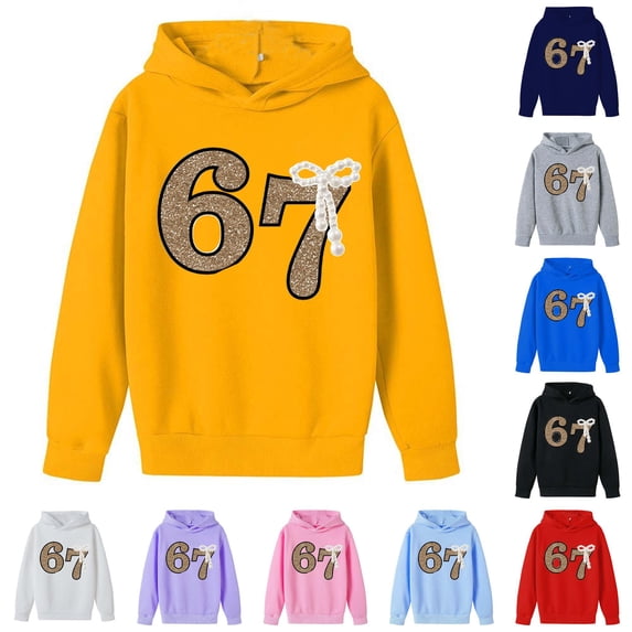 Playtopia Youth Glitter Number 67 Pearl Bow Hooded Pullover 350g Polyester Long Sleeve Kangaroo Pocket Casual Sweatshirt 1PC Big Kids Sizes 100-160