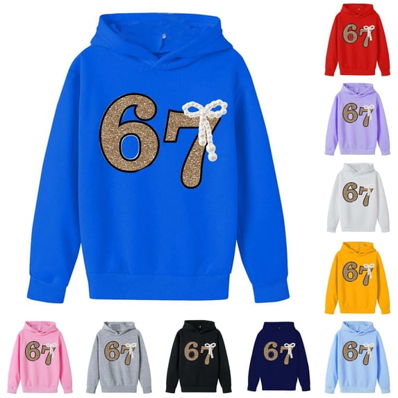 Playtopia Youth Glitter Number 67 Pearl Bow Hooded Pullover 350g Polyester Long Sleeve Kangaroo Pocket Casual Sweatshirt 1PC Big Kids Sizes 100-160