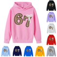 thumbnail image 1 of Playtopia Youth Glitter Number 67 Pearl Bow Hooded Pullover 350g Polyester Long Sleeve Kangaroo Pocket Casual Sweatshirt 1PC Big Kids Sizes 100-160, 1 of 4
