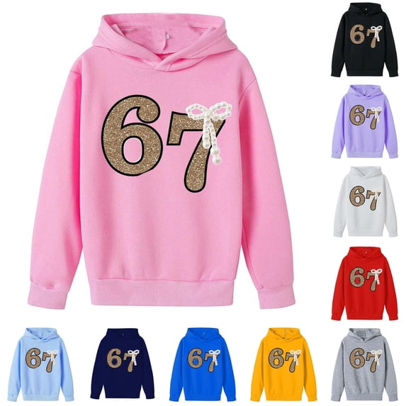 Playtopia Youth Glitter Number 67 Pearl Bow Hooded Pullover 350g Polyester Long Sleeve Kangaroo Pocket Casual Sweatshirt 1PC Big Kids Sizes 100-160