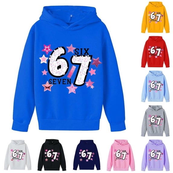 Playtopia Youth Glitter Star 67 SIX SEVEN Graphic Hooded Pullover 350g Polyester Long Sleeve Kangaroo Pocket Casual Sweatshirt 1PC Big Kids Sizes 100-160