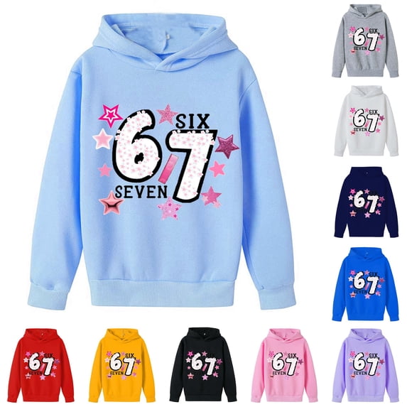Playtopia Youth Glitter Star 67 SIX SEVEN Graphic Hooded Pullover 350g Polyester Long Sleeve Kangaroo Pocket Casual Sweatshirt 1PC Big Kids Sizes 100-160