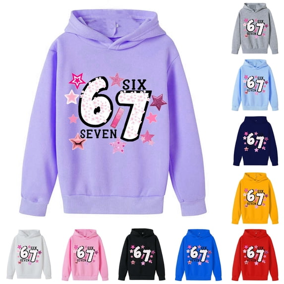 Playtopia Youth Glitter Star 67 SIX SEVEN Graphic Hooded Pullover 350g Polyester Long Sleeve Kangaroo Pocket Casual Sweatshirt 1PC Big Kids Sizes 100-160
