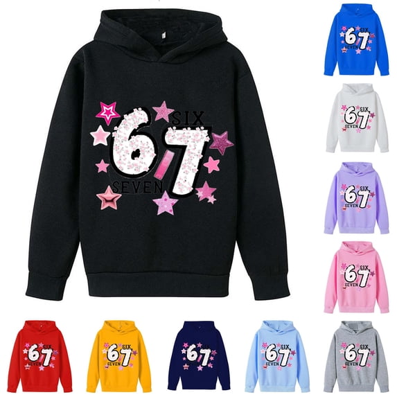 Playtopia Youth Glitter Star 67 SIX SEVEN Graphic Hooded Pullover 350g Polyester Long Sleeve Kangaroo Pocket Casual Sweatshirt 1PC Big Kids Sizes 100-160