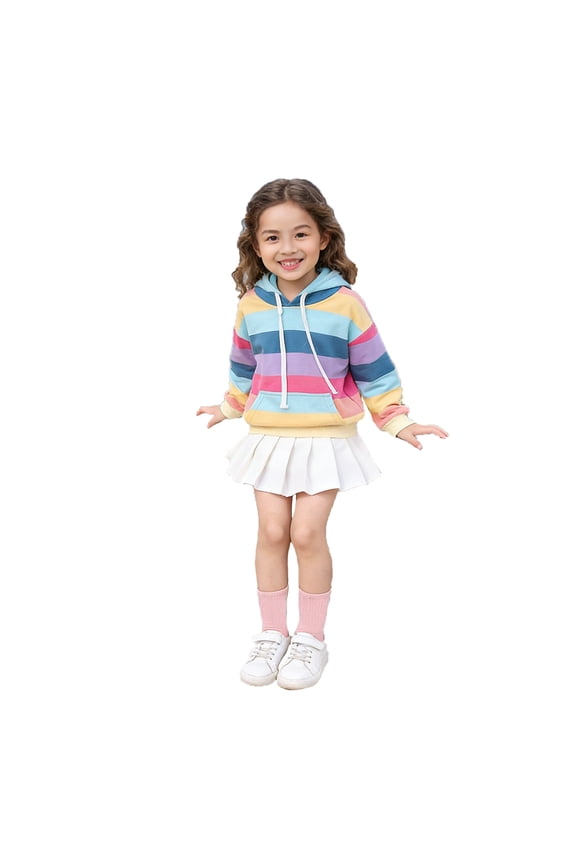Youth Rainbow Horizontal Stripe Drawstring Hooded Pullover 130g Poly Cotton Blend Long Sleeve Casual Sweatshirt 1PC Big Kids Sizes 100-140